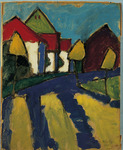 An abstract, colorful painting of a tree-­lined street with houses.