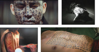 Four film stills depicting calligraphic text written on (clockwise from upper left) a face with eyes closed, a back of someone laying face down, arms and chest being written on, and a chest with dense writing.