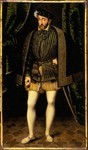 Painting of Henri II, King of France, full-length, wearing a black striped doublet, a cape, and a feathered hat, his left hand on his hip, a sword sheathed at his side, standing in front of two dark curtains.