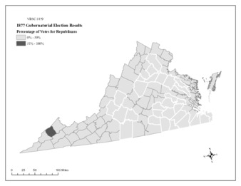 Map of election results showing Republicans did not have majority support in any county in 1877.