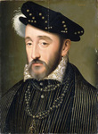 Painting of Henri II, King of France, bust-length, wearing a black striped doublet with a gold-embroidered collar, a beaded collar, and a feathered hat, on a green background.