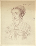 Sketch of Marguerite de France, bust-length, turned to the left, wearing pearl necklaces, earrings, and hair ornaments; the upper right identifies the subject as Madame de Savoie.