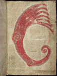 Figure 1 shows Joachim of Fiore’s illustration of the Seven-headed Dragon mentioned in the Book of Revelation. Joachim depicts the dragon as a bright red serpent with a curling tail at one end and seven long serpent heads at the other, each with a fiery tongue outstretched. This dynamic image appears in the middle of a manuscript page surrounded by small handwritten text.