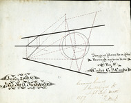 Black ink drawing using solid and dashed lines to show two planes tangent to a sphere and intersecting each other