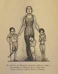 Drawing of a woman wearing a long dress, standing upright and resting each of her hands on the shoulders of a small boy, one of whom uses a crutch. A third, smaller boy stands close to her legs.