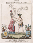 The Female Combatants (1776). A printed drawing depicts two females baring their fists to one another. The woman on the right throws the first punch. She is bare-­chested, wearing a feathered skirt, a feathered headdress, and hoop earrings. Her whole body is adorned with decorative tattoos. A voice bubble from her mouth states “Liberty Liberty for ever Mother while I exist.” The woman on the right wears a pink dress of eighteenth-­century aristocratic style, with blue trimming and white ruffled sleeves, a pearl necklace, and a tall powdered wig. Her speech bubble states, “I’ll force you to Obedience you Rebellious Slut.” In the foreground, to the left of the woman depicting Britain, a shield decorated with a compass pointing north rests on the bough of an old, broken tree. Beneath the tree, a banner reads “FOR OBEDIENCE.” At the other side, a cockerel standing on a hand with pointing index finger rests on a new tree, produced from a cutting of the old. The right-­hand banner reads, “FOR LIBERTY.” Above and below the picture’s outline are printed the words, “THE FEMALE COMBATANTS OR WHO SHALL. Published According to Act Jan-­y 26–­1776. Price 6d.”
