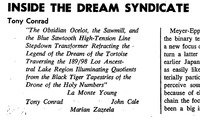 Excerpted from the journal Film Culture, black text appears on a white background. Bold, in all capitals, the title “Inside the Dream Syndicate” appears above Tony Conrad’s name, also bolded. In italics, the long title “The Obsidian Ocelot, the Sawmill, and the Blue Sawtooth High-­Tension Line Stepdown Transformer [etc.] . . .” follows. The names Young, Cale, Zazeela, and Conrad appear in diamond formation below the long title.