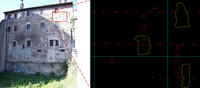 Modern photograph of the surviving aula wall on which the Marble Plan was mounted (left), and a section of the digitized wall features (right) with clamp hole locations indicated in red and masonry patches in yellow.