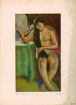 A nude woman with long black hair and tilted head, sits while looking at her reflection in the hand mirror that she holds.
