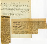 A page of a diary with lettering in black. The diary has two newspaper clippings attached.