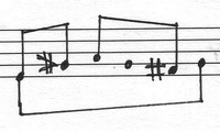 Image of a short melodic phrase on a five-line staff with sori symbols for some notes tuned approximately a half sharp.