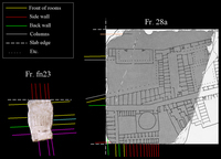 Fragments fn23 and 28a with their boundary incision annotations indicated. The different colors correspond to different feature type labels (fr. 28a illustration from Rodríguez-Almeida 1981).