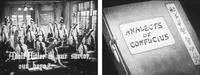 Two film stills, with the one on the left showing a schoolroom of young boys giving the Nazi salute, with white roman text at the bottom. The image on the right shows a book, with roman and calligraphic text on the cover.