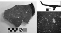 Fig. 48. On the left is a photo of the interior of a nearly complete black-gloss plate. On the upper right is a drawing of its profile. On the lower right is a zoomed-in view of its scratched central base.