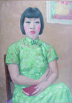 Self-portrait of Pan Yuliang, seated in a light green qipao and holding a red book against a beige background.