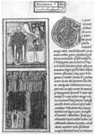 Giving of Life: Communion, Scivias, book z, vision 6: Two pictures at the opening of this chapter show a crowned woman (Ecciesia) receiving the blood of the Eucharist from Christ on the cross, and (reproduced here) a priest saying Mass at an altar with a great light (drawn as angels) coming down at the moment of transubstantiation when "the offering is made true flesh and blood." The members of the congregation vary in readiness, but all will be received if they repent.