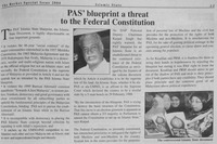 A scan of an article titled “PAS’ Blueprint a Threat to Federal Constitution,” which is an example of a “Negative Image” and “Justify Non-cooperation” article published in The Rocket.