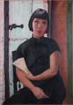 Self-portrait of Pan Yuliang, seated and facing the viewer in a black qipao, holding a white fan in front of a curtained window.