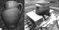 Fig. 77. On the left is a photo of the side view of a whole modern pot, which has black soot deposited on its base on the wall. On the right is a photo of a modern vessel propped on two cinder blocks above a flaming wood fire. Black soot has been deposited on its base and side walls.
