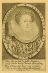 Engraving of Queen Elizabeth I of England, bust-length, wearing a ruff and a dress decorated with precious stones and pearls; in an oval border indicating her name and title; below is a verse.