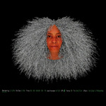 3-D rendered image: black background with medium-brown female with salt-and-pepper kinky hair. Renderer settings display in white text beneath.