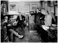 Interior of A. Y. Malcomson's coal office, 1903; Malcomson's on stool at table. Couzens, with wing collar, standing at desk. The bearded man with cigar is possibly John S. Gray; man at extreme right unidentifiable.