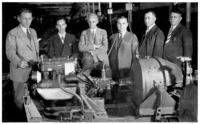 Group with Model A engine. Left to right, Sorensen, Edsel, Henry Ford, P. E. Martin, Gus Degener, and Charles Hartner.