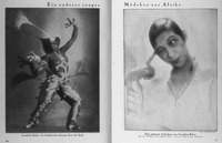 A black-and-white photographic two-page spread about Josephine Baker traveling to Africa. In the right photo, she is portrayed making a comical facial expression while wearing a simple modern blouse and holding one finger to her temple. In the left photo, she is dancing in a strappy sparkling outfit adorned in ornaments and feather pieces, in a pose with her limbs stretching outward.