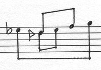 Image of a short melodic phrase on a five-line staff with koron symbols for some notes tuned approximately a half flat.