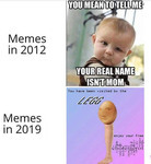 Two memes on top of each other. Top meme is a baby with a puzzled look on its face; accompanying text reads, “You mean to tell me your real name isn’t mom.” Bottom meme shows a poorly rendered face on an egg-shaped head that is attached to a leg where the knee should be. The background is gradient purple to pink. The upper left-hand text reads, “You have been visited by the legg.” The bottom right-hand text reads “Enjoy your free cholesterol.” The word “cholesterol” appears in glitch text.
