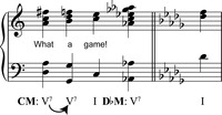 A music example representing a single modulation in “What a Game” from C major to D♭ major.