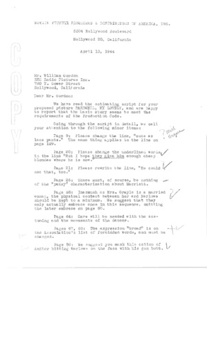 Thumbnail of "Joseph Breen to William Gordon, April 12, 1944"