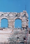 A View of the Outer Ring Wall of the Arena in Verona (photo by author). That a portion of the outer wall survives today is due in part to Napoleon Bonaparte. During the Empire, Napoleon contrubuted 30,000 francs for the restoration of the amphitheater. A comemorative plaque acknowledges the emperor's generosity.