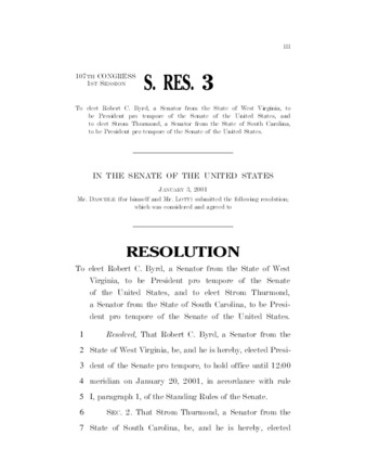 View PDF (121 KB), titled "S. Res. 3 – Appointing Byrd Pro Tem (January)"