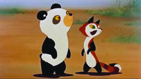 A full body shot of two animation characters, a larger panda on the left and a smaller long-tailed red panda on the right.