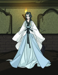 A color frame from a webtoon featuring a female figure in a long robe, with a short white snake tail protruding from under the hem. She is tall and slim, with elaborate hair decorations and no visible snake scales either on her neck or on her tail.