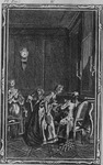An engraving of Julie knocking down the chess set with a clock in the background.
