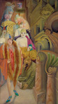 The right panel of the painting Metropolis, depicting nine prostitutes catering to upper-class men. They wear lavish furs and elaborate hairstyles, each wearing brightly colored clothing and headpieces as well. They walk toward the viewer and past ornate architecture and ignore a wounded war veteran who sits on the floor, wearing a faint green outfit with his face in his hand.
