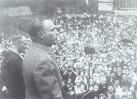 Valerii Chkalov addresses a crowd of admirers, 1937.