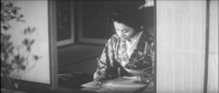 A woman sits before a window writing by brush. In the background, we see white calligraphy on a black paper decorating fusama sliding doors. These large works might be rubbings from a stone monument.