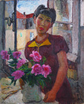 Self-portrait of Pan Yuliang in a red dress with yellow collar, standing next to a vase of pink blossoms in front of an open window.