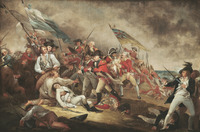 A mortally wounded General Warren collapses among his soldiers in the midst of battle with the British. He and the other American figures are dressed in white and beige and bathed in a white light.
