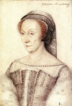 Drawing in red and black chalk of Diane de Poitiers, duchesse de Valentinois, bust-length, turned slightly to the left, wearing a gray dress lined with fur and pearls, as well as a gray hood.