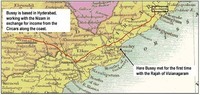 Approximate route of the Marquis de Bussy on his revenue collecting mission, and eventual siege of the fort at Bobbili.
