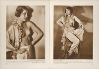 Sepia photograph of a revue starlet, Gretel Grow, featured in a two-page spread of a German women’s magazine. She wears a shiny rayon costume with ruffles along the neckline and down the center of the blouse, though she is only partially clothed on top with the blouse hanging from her right shoulder and wears pants on the bottom. She has her hands on her hips and a shy expression. We can see only the top half of her body.