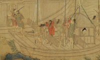 Artistic representation of a Japanese pirate on a boat blowing a sea conch, while other pirates work on-board.