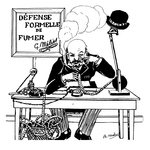 Line drawing of Georges seated at a table with scissors, examining a long ribbon of film. He's smoking in front of a No Smoking sign.