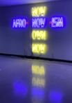 Photo: Neon lights that say "Afro, Now, Ism" horizontally in white and "Now" in the center above and "Own" and "Now" below in yellow.