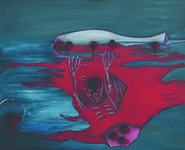 Painting of a fish and a figure with arms raised, which are both submerged in a pool of red and blue liquid. The abstract skeletal figure is holding a hat that says “I love Vietnam.” The red splashes over the figures stand out in stark contrast to the dark blue background.