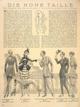 Within Elegante Welt magazine is a fashion spread focusing on men’s fashion, with a painted black-and-white illustration below German editorial text, within which there is another small and simple illustration of two men trying on suits. In the larger illustration, there is a row of illustrated male figures interacting stiffly (with one another and with a woman in a striped dress) so as to show off the cut of their jackets and silhouettes. They all stand along the railing of a bridge with a small and large dog, also interacting. Each figure has German text below them.
